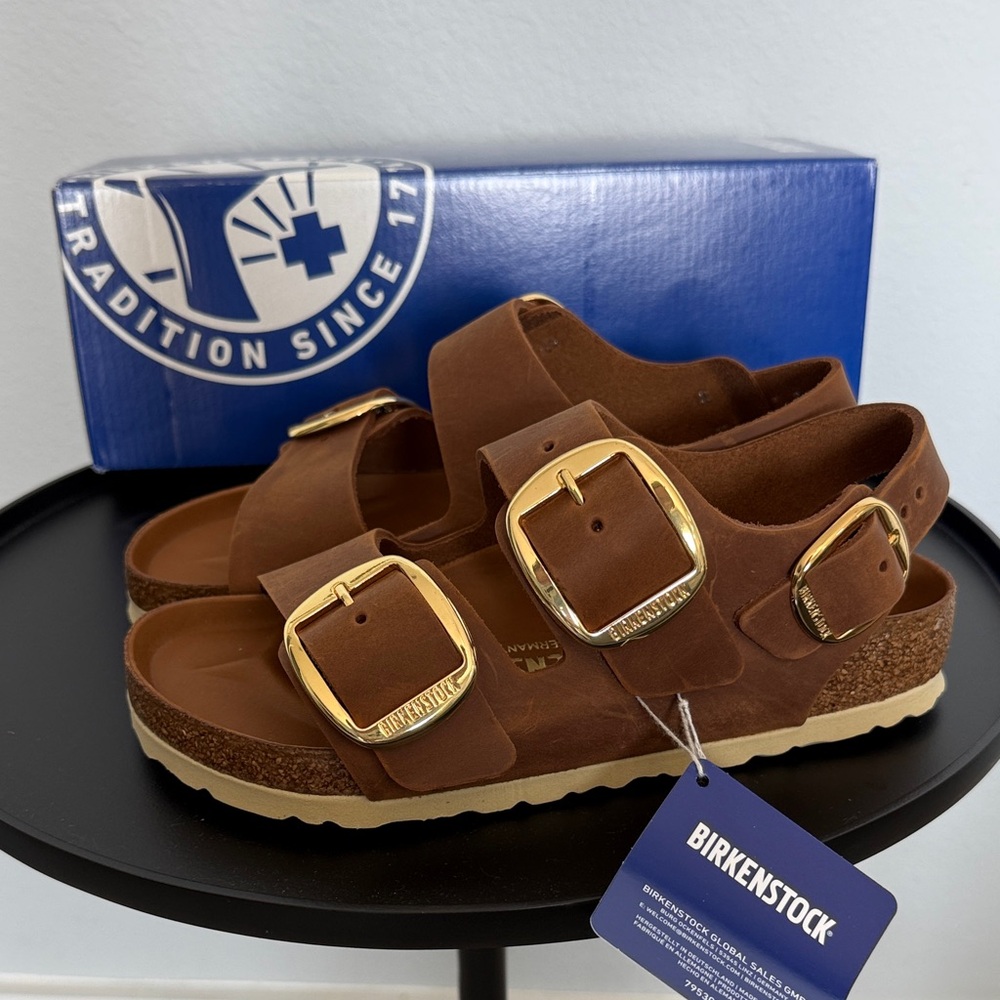 Birkenstock Milano Big Buckle Oiled Leather Cognac Regular Fit EU 35 New in box